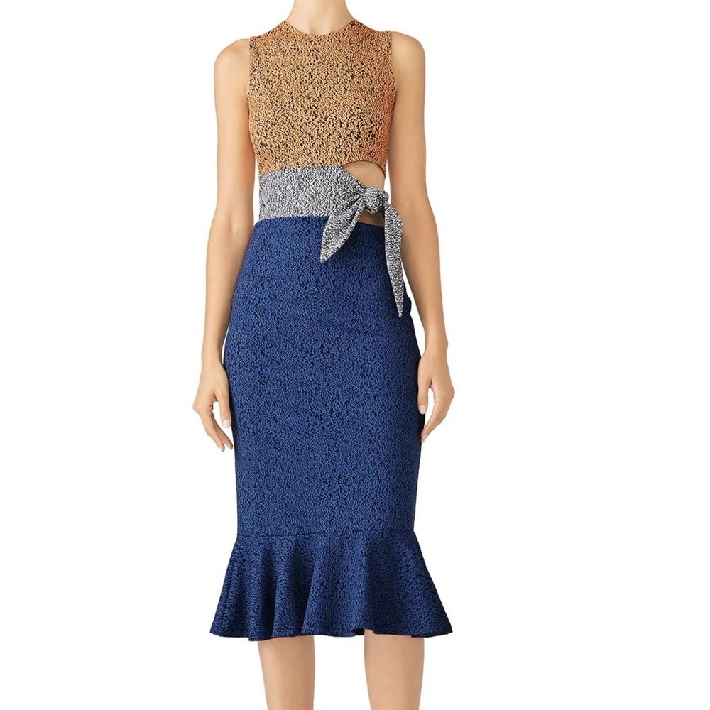 Opening Ceremony‎ Lotus Blue Orange Tie Waist Peplum Hem Pencil Dress Sz XS